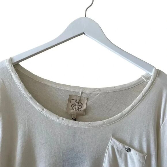 NWT Chaser Distressed Rice SCOOP NECK W/ POCKET White  Buttons l Top SZ M - Picture 3 of 14